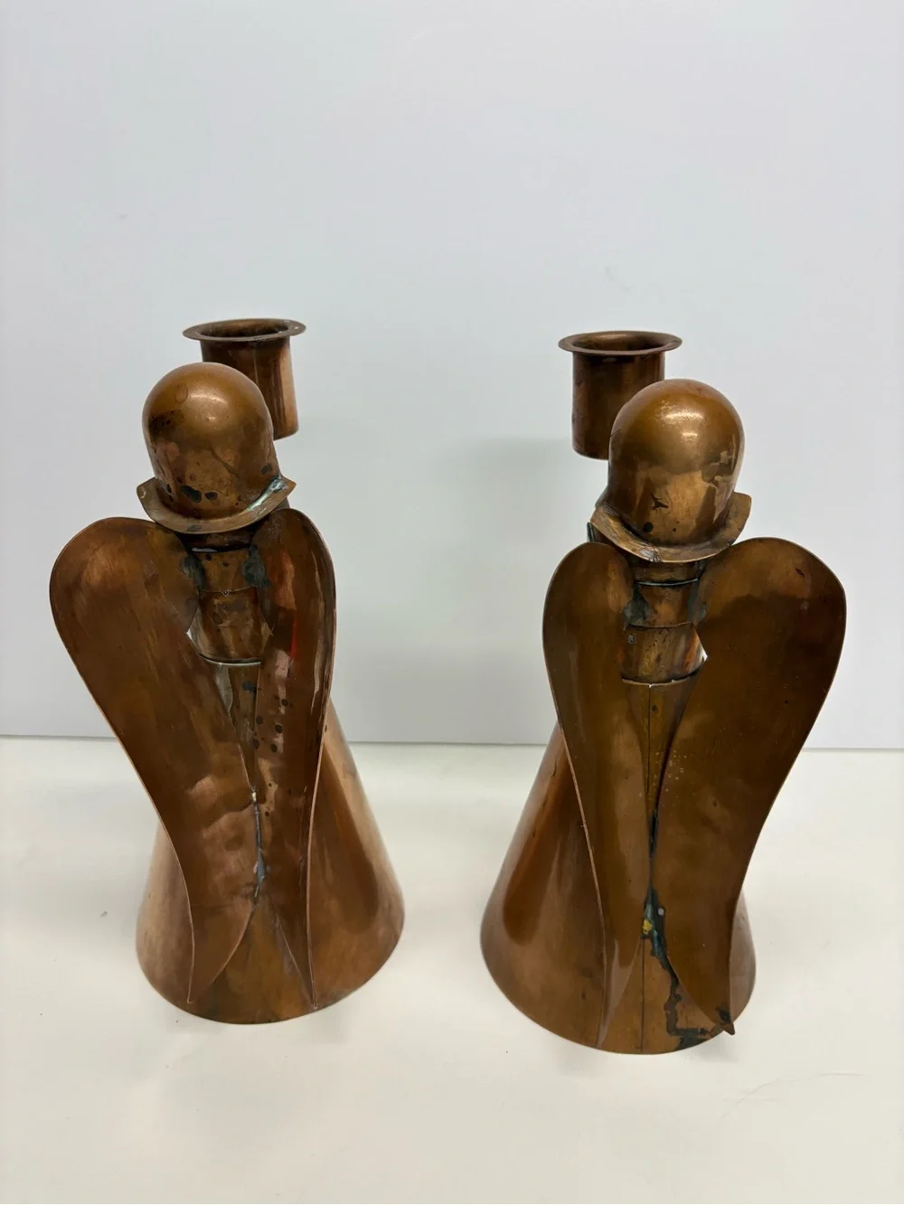 Vintage Copper Angel Candle Holders - Pair Folk Art Set 2